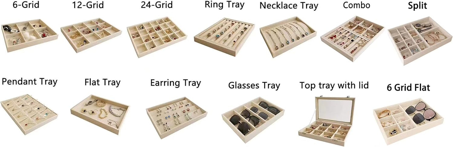 Velvet Sunglasses Organizer Tray 4 Slot, Stackable Eyewear & Glasses Display Case, Premium Beige Velvet, Scratch-Free Lining, Drawer Insert for Dressing Table Vanity Home Retail Trade Show