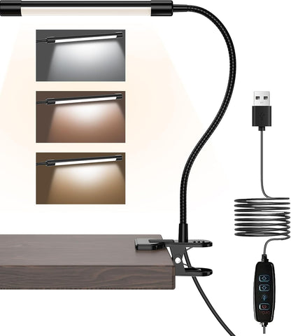 JHD Led Desk Lamp with Clamp - 10 Brightness Levels, 12" Flexible Gooseneck,Eye Protection USB Lamp - Suitable for Home Office, Reading, Bed Light,Quality Black Metal Clamp Light,Headboard Lamp