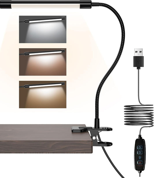 JHD Led Desk Lamp with Clamp - 10 Brightness Levels, 12" Flexible Gooseneck,Eye Protection USB Lamp - Suitable for Home Office, Reading, Bed Light,Quality Black Metal Clamp Light,Headboard Lamp