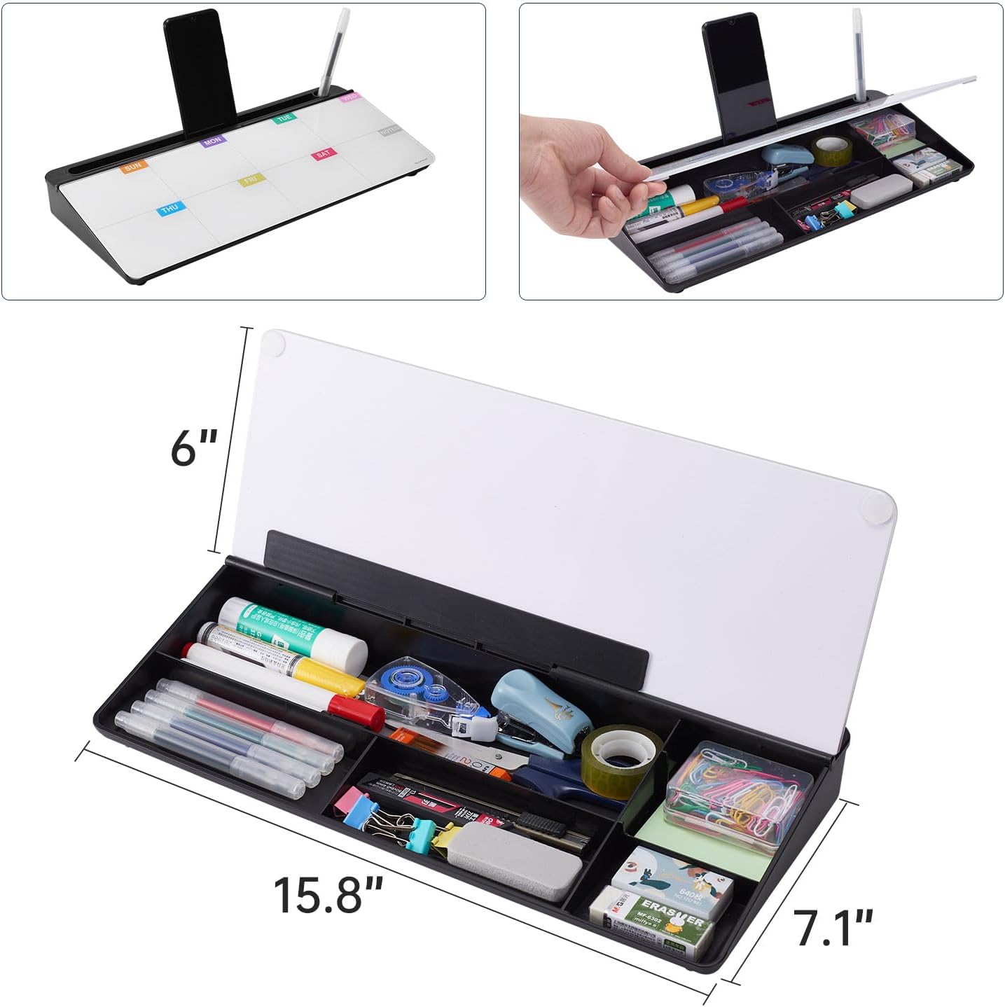TSJ OFFICE Small Desktop Whiteboard -Glass Dry Erase Board Computer Keyboard Stand White Board Surface Pad with Drawer, Desk Organizers with Accessories for Office, Home, School Supplies - White