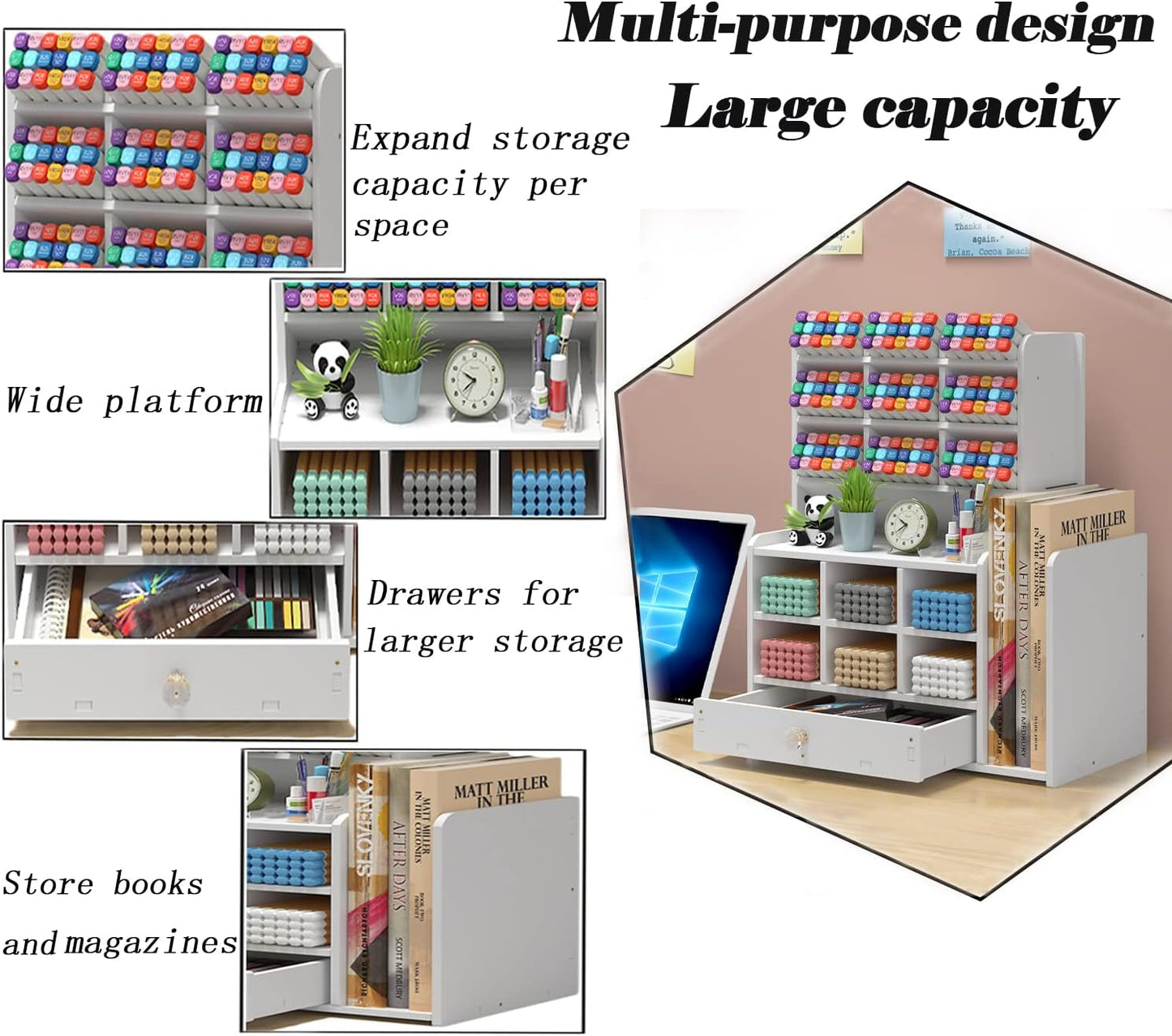 Pen organizer for desk,Marker organizer,Pen holder with drawer,Pencil Holder,with 15 Compartments and 1 Drawer, 1 File Holder Multi-Functional Desk Organizers (White)
