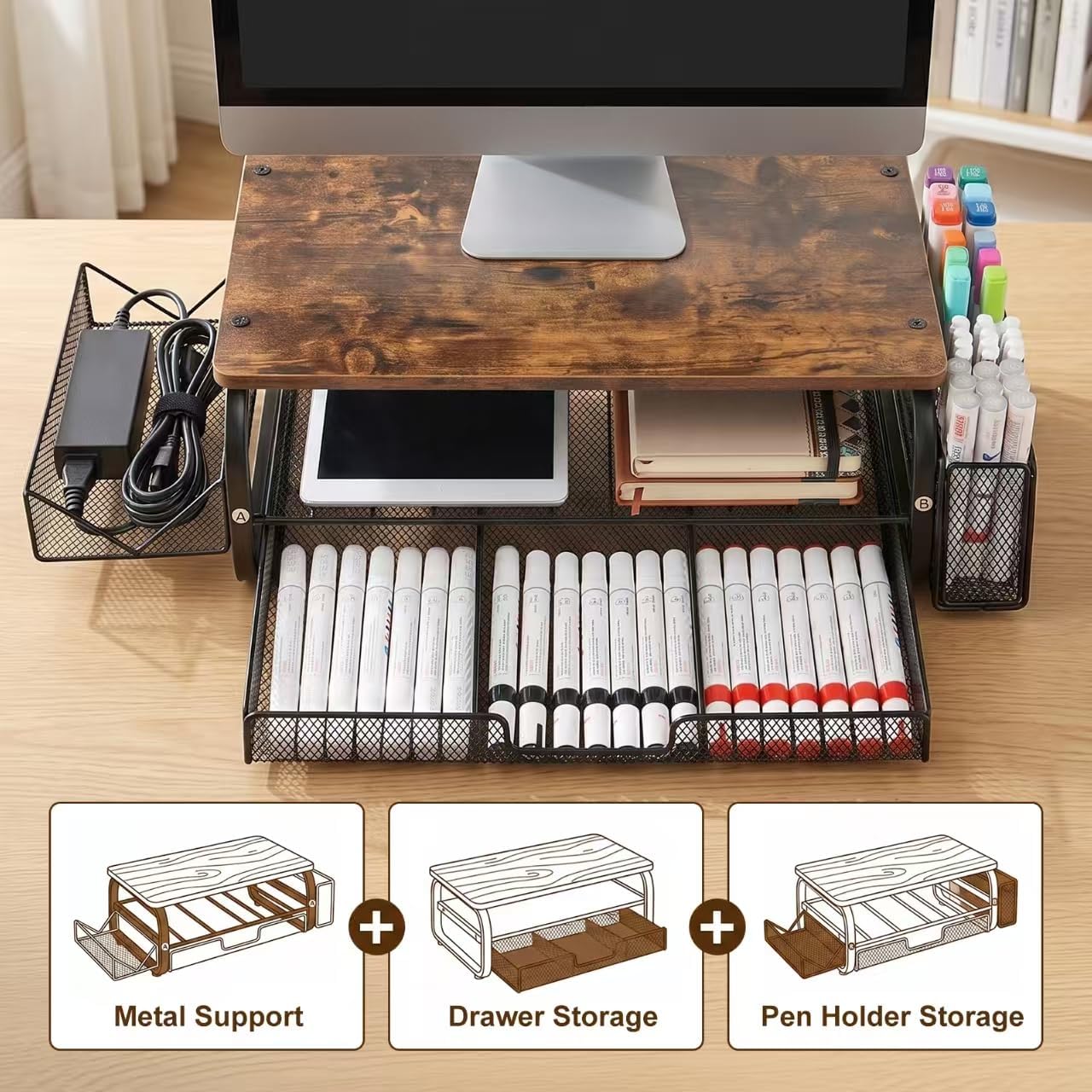 Desk Organizers and Accessories Monitor Riser, Monitor Stand with Drawer (2-Tier Drawers) with Large Side Storage Rack & Cable Management,66LBS/30KG, Office Organization, Walnut Brown