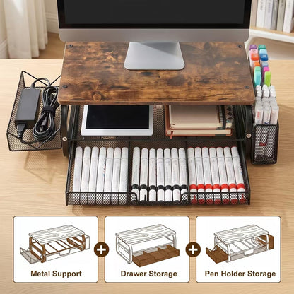 Desk Organizers and Accessories Monitor Riser, Monitor Stand with Drawer (2-Tier Drawers) with Large Side Storage Rack & Cable Management,66LBS/30KG, Office Organization, Walnut Brown