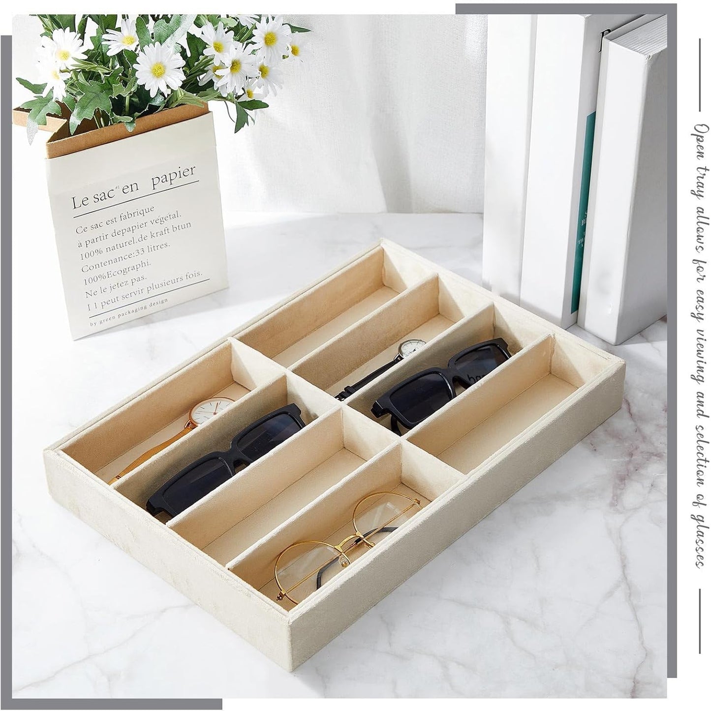 Amylove 4 Pcs Gray Sunglass Organizer Trays 4 Grids Velvet Glasses Holder Jewelry Display Organizer Eyeglasses Storage Box Drawer
