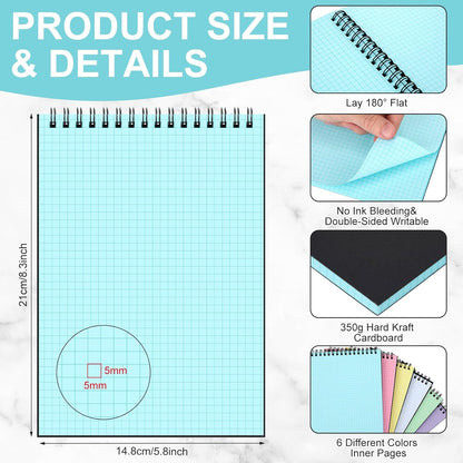 Engrowtic 6 Pack Graph Paper Spiral Notepad A5 Top Wirebound Notepad Grid Notebook Steno Pad Memo Notebook Grid Paper 140 Pages for Writing Sketching Drawing Office Supply (Black)