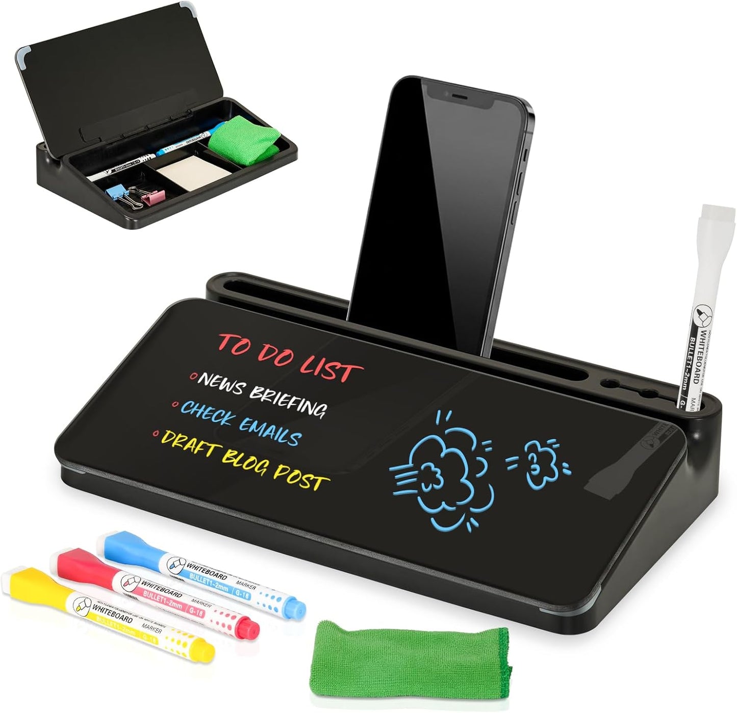 DOLLAR BOSS Glass Desk Whiteboard Calendar Small Dry Erase Board Desktop White Board with Storage Drawer Computer Keyboard Stand Desk Organizer, Colorful Weekly Calendar, Black