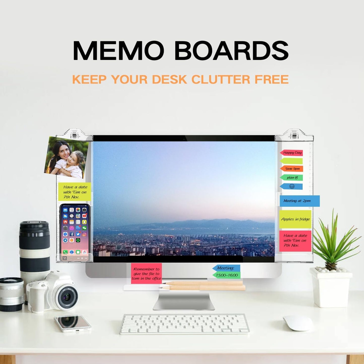 Monitor Memo Boards for Computer, Whole Transparent 2 Pack (Left & Right) Multifunction Acrylic Screen Message Reminder Pad Side Panel Phone Holder Organizer for Office Desktop, with Pen & Sticky Note