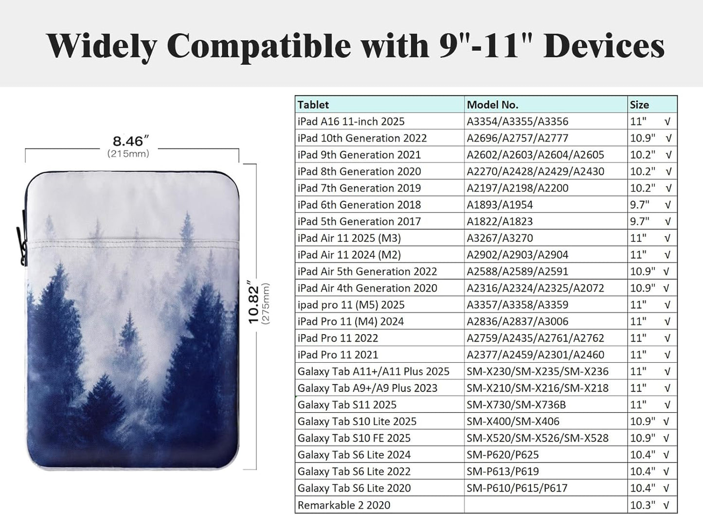 TiMOVO 9-11" Tablet Sleeve Bag for iPad 11-inch A16 2025, iPad 10.9"/10.2"| Air 11 Inch/5th/4th Gen. 10.9", Galaxy Tab A9+/A11Plus 11", Protective Bag Fit Smart Keyboard, Dusty Blue