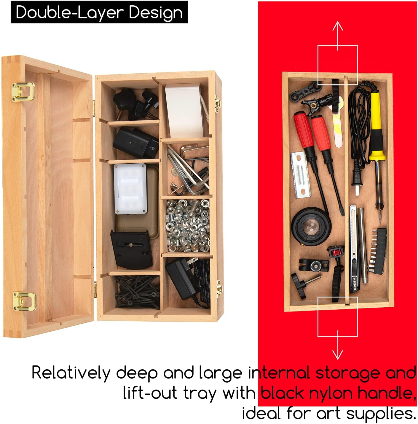 MEEDEN Medium Art Supply Storage Box - Multi-Function Solid Beech Wooden Chest/Art Tool Box with Lift Out Trays for Paint Brush, Pencil, Pastel, and More Art Supplies 14-1/5"W × 5-1/8"D × 4-1/3"H