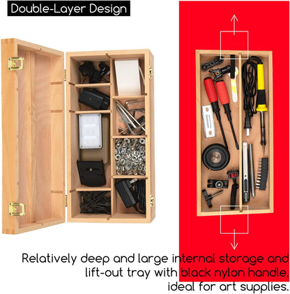 MEEDEN Medium Art Supply Storage Box - Multi-Function Solid Beech Wooden Chest/Art Tool Box with Lift Out Trays for Paint Brush, Pencil, Pastel, and More Art Supplies 14-1/5"W × 5-1/8"D × 4-1/3"H