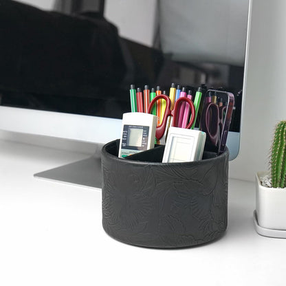 Round Leather Art Supply Organizer,Remote Control Holder,360 Degree Rotating,Multi-Functional Pencil Holder,4 Compartments Desktop Stationary Organizer(1-Fractal Flower) | Round - Colors A