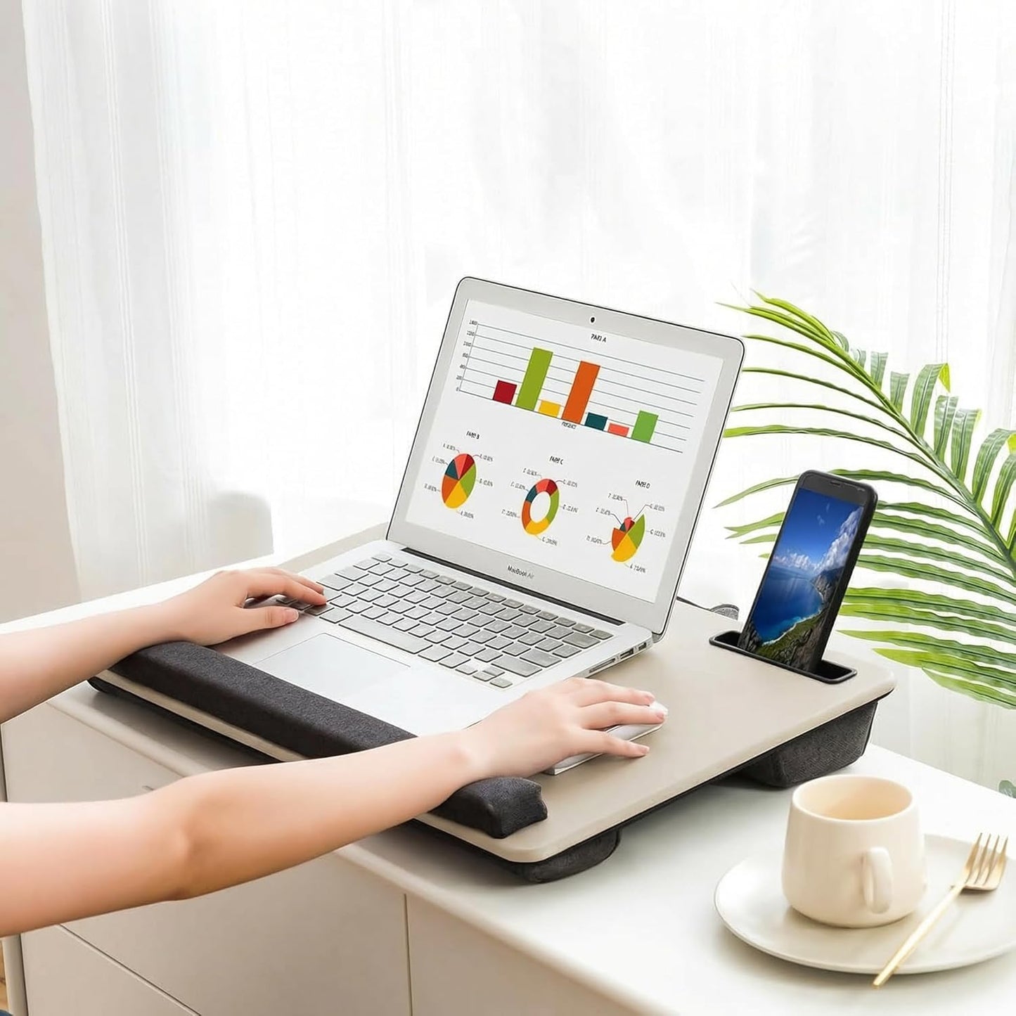 Lap Desk Home Office Lap Desk Portable Laptop Desk for Left Right - Handers with Whole Mouse Pad Wrist Pad Dual Cushion Phone Tablet Slots Fits Up to 17 Inch Laptops
