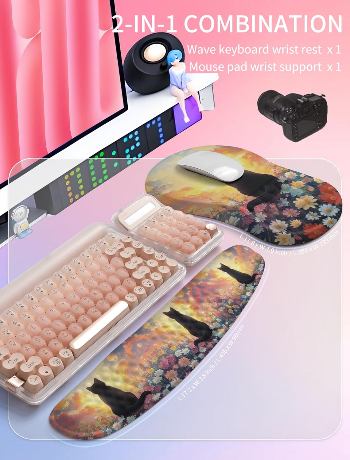 Hokafenle 2in1 Combination, Wave Keyboard Wrist Rest and Ergonomic Curvature Mouse Pad Wrist Support for Relieve Wrist Pain, Filled with Soft Cushion Memory Foam, Black