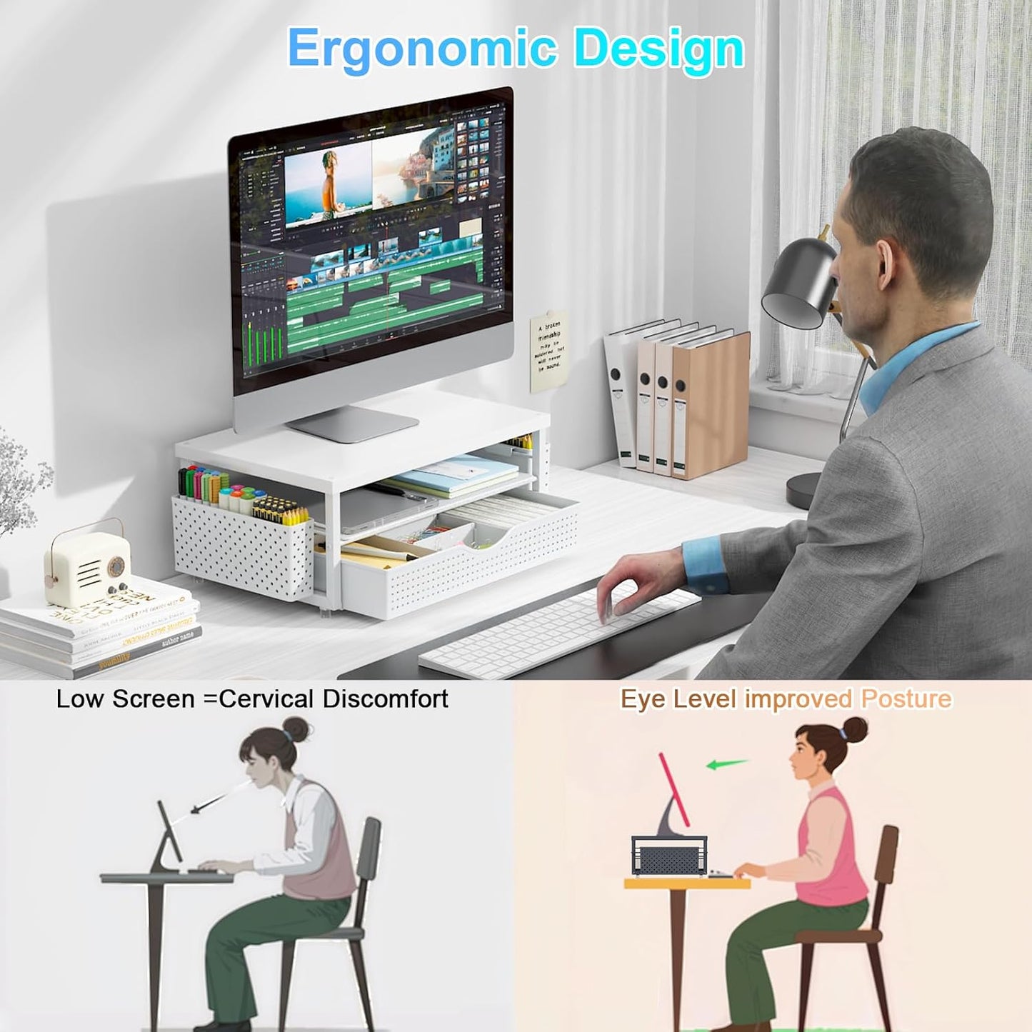 gianotter Monitor Stand Riser, Office Desk Shelf Organizer, Desk Organizer with Drawer and Pen Holder, 2-Tier Computer Stand, Office Organization (Ink)