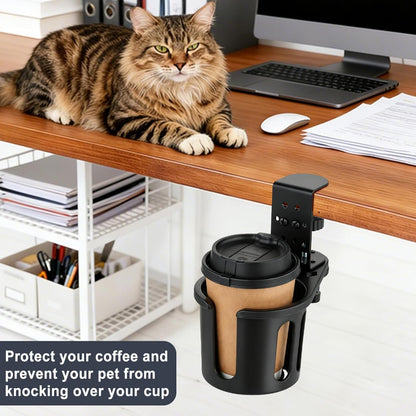MYITYARD Desk Cup Holder Clamp, Anti-Spill Clip On Table Cup Holder, Rotatable Water Bottle Stand Drink Coffee Mug Storage, Office Accessories for Home and School (Black)