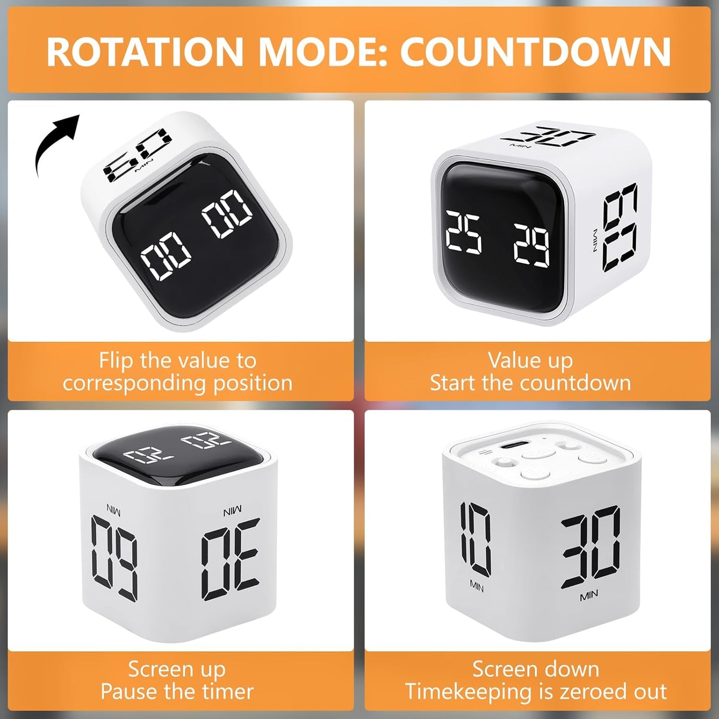 GuDoQi Multi-Function Cube Timer, 5/10/30/60 Min & Custom Count Down, Included Pause & Resume Feature, Silent, Vibrate & Adjustable Sound Alarm for Productivity in Tasks, Study & Kitchen, Purple