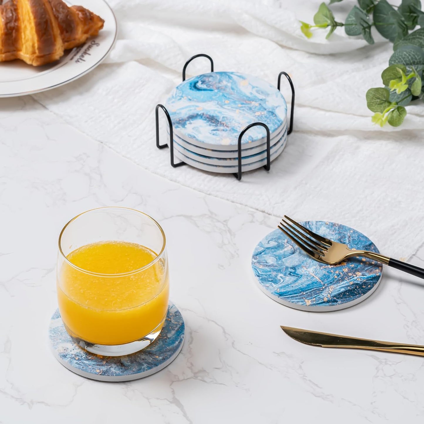 6Pcs Drink Coasters with Holder, Marble Style Ceramic Drink Coaster, Absorbent Coasters Set Suitable for Kinds of Cups, Modern Style Coaster for Coffee Table, 4 Inches