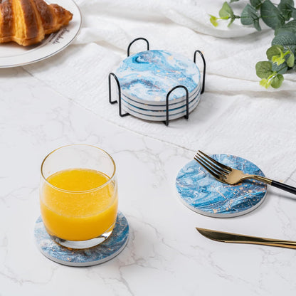 6Pcs Drink Coasters with Holder, Marble Style Ceramic Drink Coaster, Absorbent Coasters Set Suitable for Kinds of Cups, Modern Style Coaster for Coffee Table, 4 Inches