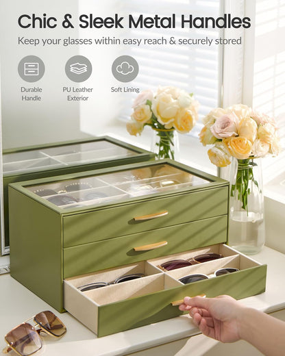 Lolalet Sunglasses Organizer for women, Multi Eyewear Storage Box with Drawer, Glasses Case Display Holder with Clear Top