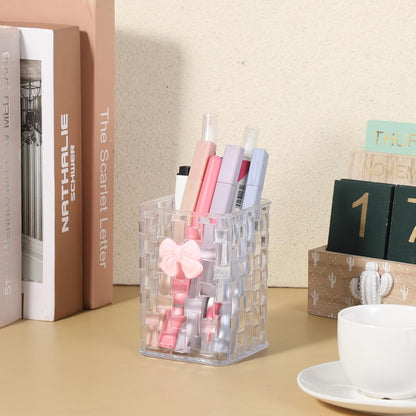 Artistic Acrylic Pen Holder Cute, Clear Makeup Brush Holders with Woven Texture and a Pink Bow, Transparent Stylish Pencil Holder for Desk, Clear Pencil Organizer Pen Caddy for Desk School Accessories