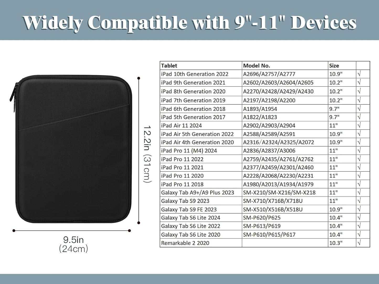 TiMOVO 9-11" Tablet Sleeve Bag for iPad 11-inch A16 2025, iPad 10.9"/10.2"| Air 11 Inch/5th/4th Gen. 10.9", Galaxy Tab A9+/A11Plus 11", Protective Bag with Pocket, Black