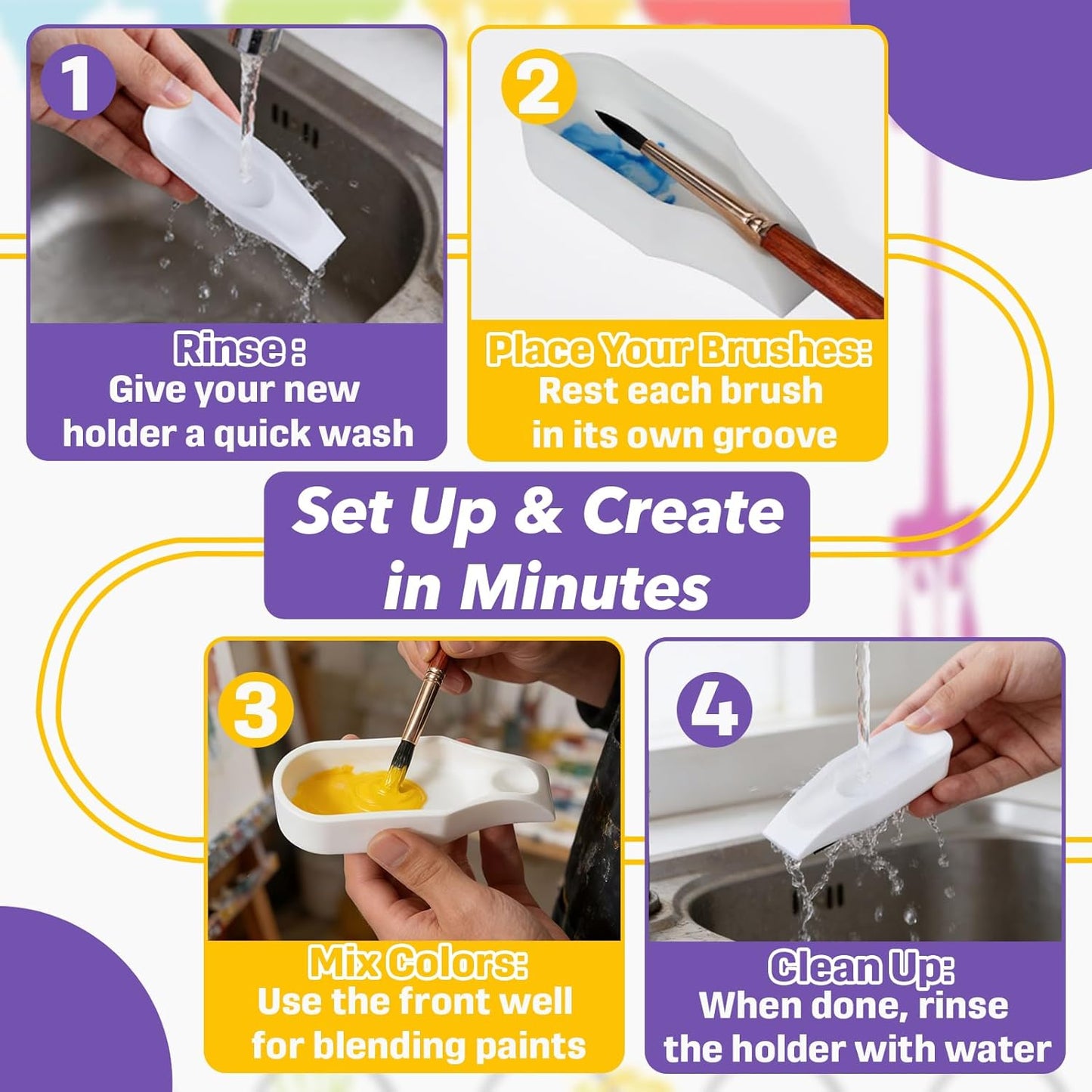 8-Pack White Paint Rest Holder, Silicone Brush Holder with Mixing Tray, Non-Slip Groove Design for Paint Brushes, Artist Watercolor Brush Organizer