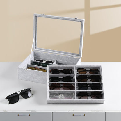 Frebeauty 16 Slots Sunglasses Organizer,2 Layer Velvet Sunglasses Tray with Glass Lid,Multiple Pairs Sunglass Display Case for Man or Woman,13.7 * 10.25 * 4.1 Inches Eyeglass/Eyewear Box (Beige)