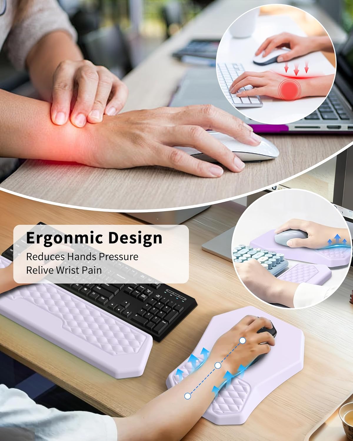 Ergonomic Mouse Pad and Keyboard Wrist Rest Support Set, Massage Design Mousepad for Carpal Tunnel Pain Relief, Memory Foam, Non-Slip PU Base for Computer Desk, Black