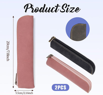 Psyqtsuary Leather Pencil Case, 2 Pcs Slim Small Pencil Pouch Portable Flat Pen Pouch with Zipper Simple Makeup Bag Lipstick Case for Women Men Home, Office, Travel Outdoor (Black, Claret)