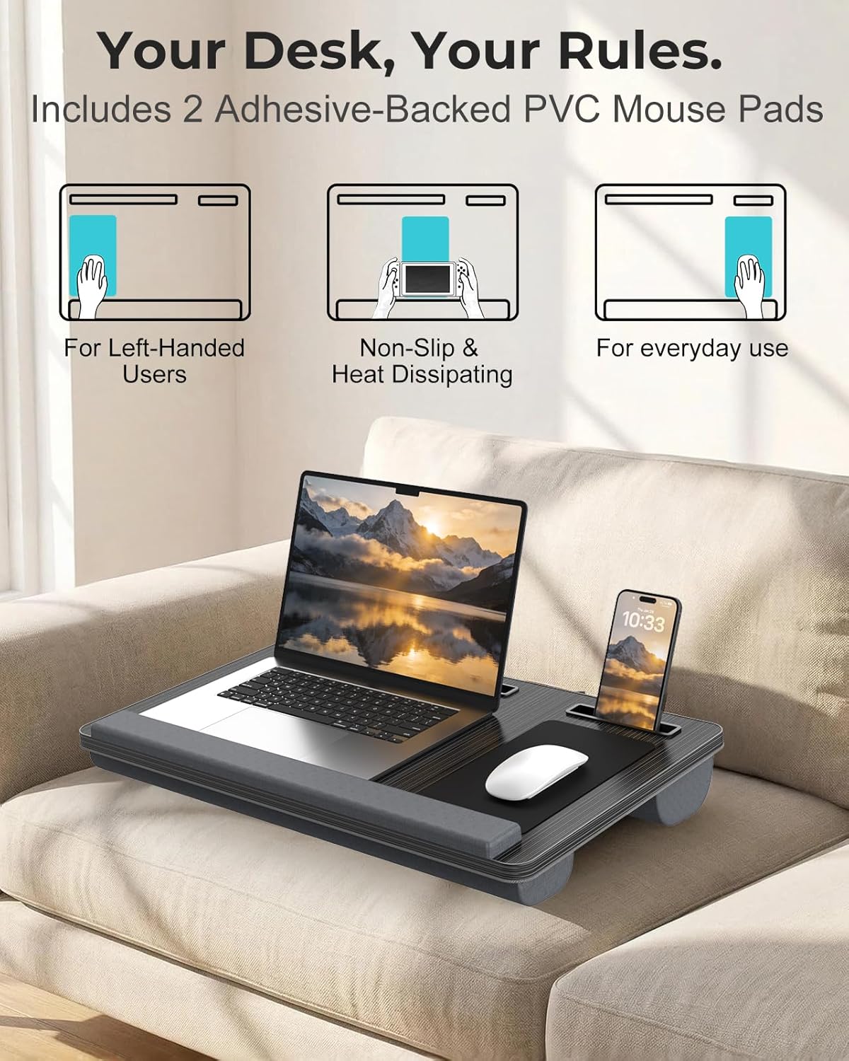 Potuopy Lap Desk- Fits up to 17” Laptop Lap Desk with Wrist Pad, Laptop Lap Pad, Lap Desks for Adults Laptop Stand for Bed with Cushion and 2 Upgraded Mouse Pads, Tablet and Phone Slots (Dark Brown)