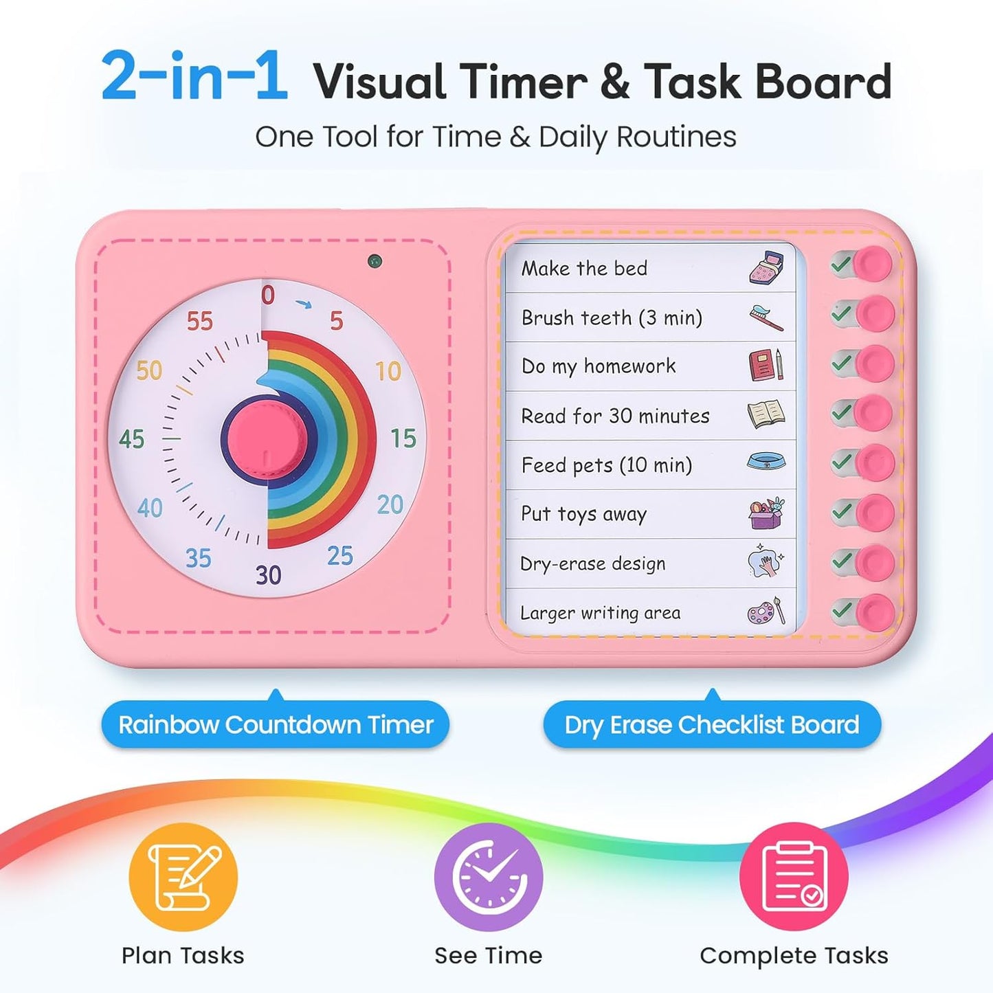 2-in-1 Visual Timer with Task Board for ADHD & Autism, Dry Erase Chore Chart and Visual Schedule for Kids & Adults, Rainbow Countdown Timer for Classroom, Home, Homeschool (White)