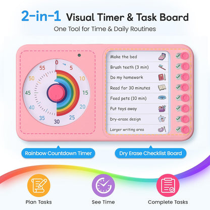 2-in-1 Visual Timer with Task Board for ADHD & Autism, Dry Erase Chore Chart and Visual Schedule for Kids & Adults, Rainbow Countdown Timer for Classroom, Home, Homeschool (White)