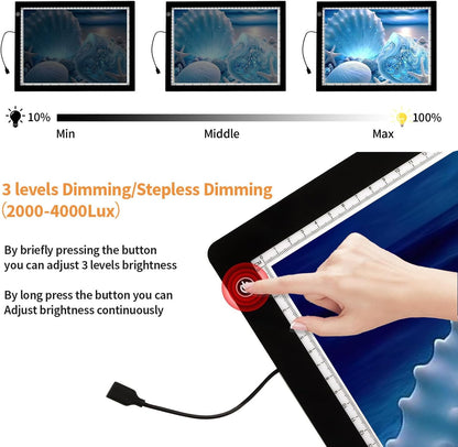 Zocelight A3 Light Pad for Diamond Painting Kit,4800Lux Super Bright 5mm Ultra Thin Diamond Art Light Board with Stand and Clip,3 Levels Dimming Light Box for Artists,Drawing,Sketching,Animation