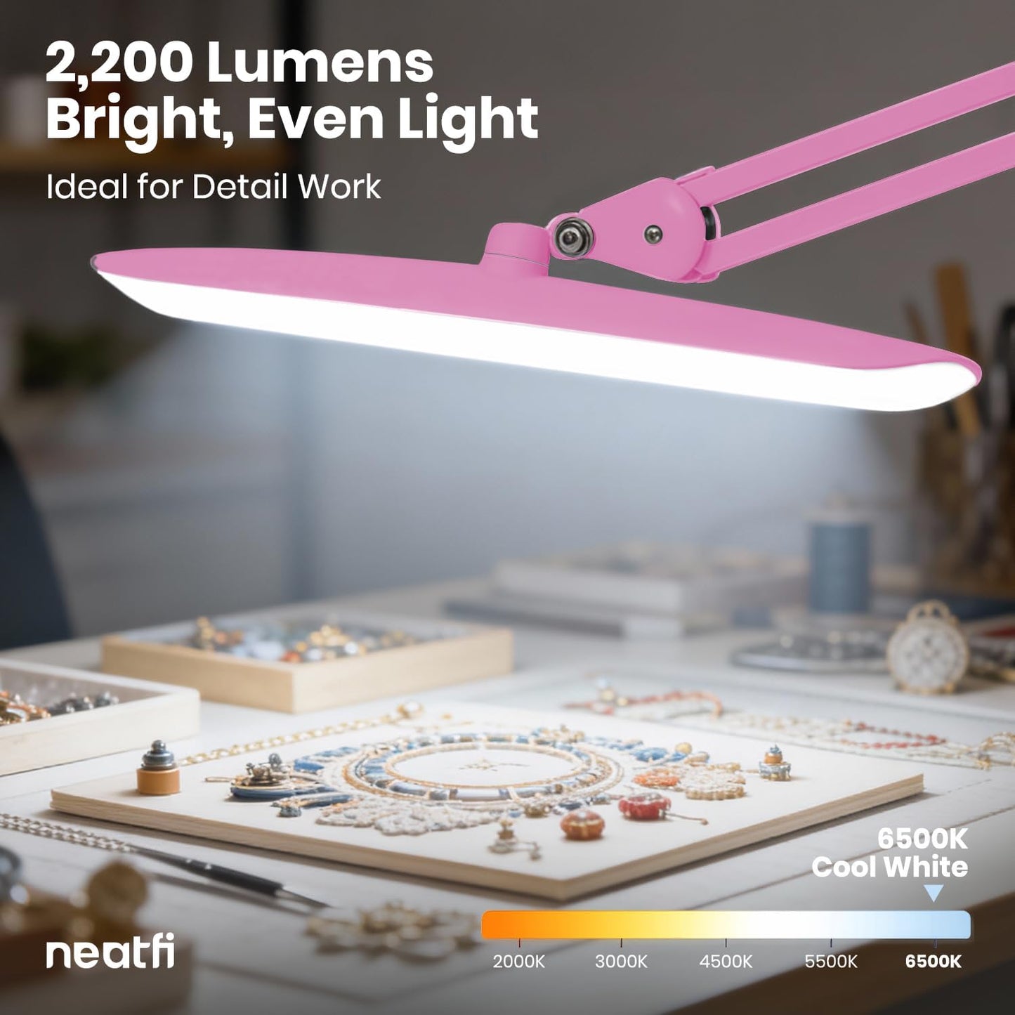 Neatfi XL 2200 Lumens 24W LED Desk Lamp – Shadow-Free Task Lighting | 4-Level Dimming | Home Office & Crafts Use | 20-Inch Wide Head (White, Non-CCT with Clamp)