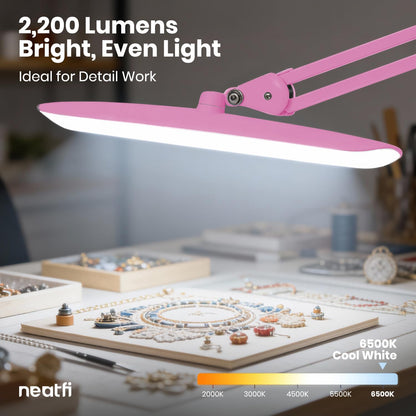 Neatfi XL 2200 Lumens 24W LED Desk Lamp – Shadow-Free Task Lighting | 4-Level Dimming | Home Office & Crafts Use | 20-Inch Wide Head (White, Non-CCT with Clamp)