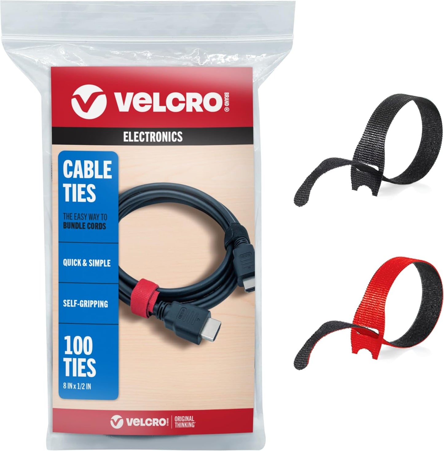 VELCRO Brand ONE-WRAP Cable Ties, 100Pk, 8 x 1/2" Black Cord Organization Straps, Thin Pre-Cut Design, Wire Management for Organizing Home, Office and Data Centers