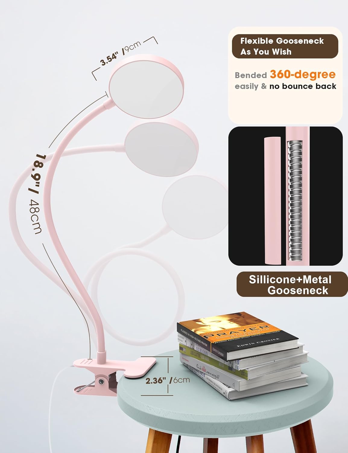 LiFMIRA Clip-on Lamp Reading Light - 5 Color Modes, 10 Brightness Levels, 8W, 66 LED, Eye-Caring Metal Clamp Light with Gooseneck for Bed, Headboard, Desk, Video Conferencing, Makeup