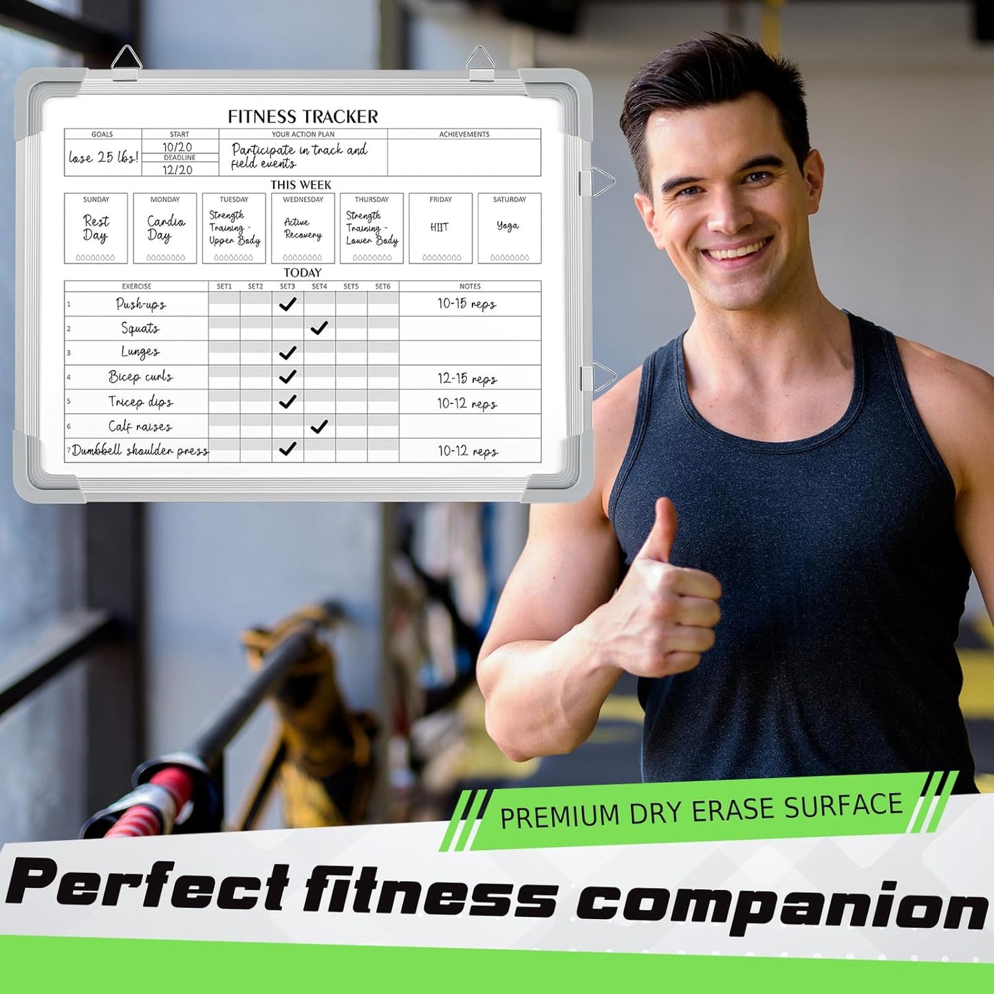 Lincia 16 x 12 Inch Fitness Tracker Whiteboard Workout Calendar for Home Gym Dry Erase Planner Hanging Removable to Do List for Wall Whiteboard with Aluminum Frame for Gym Program(Style A)