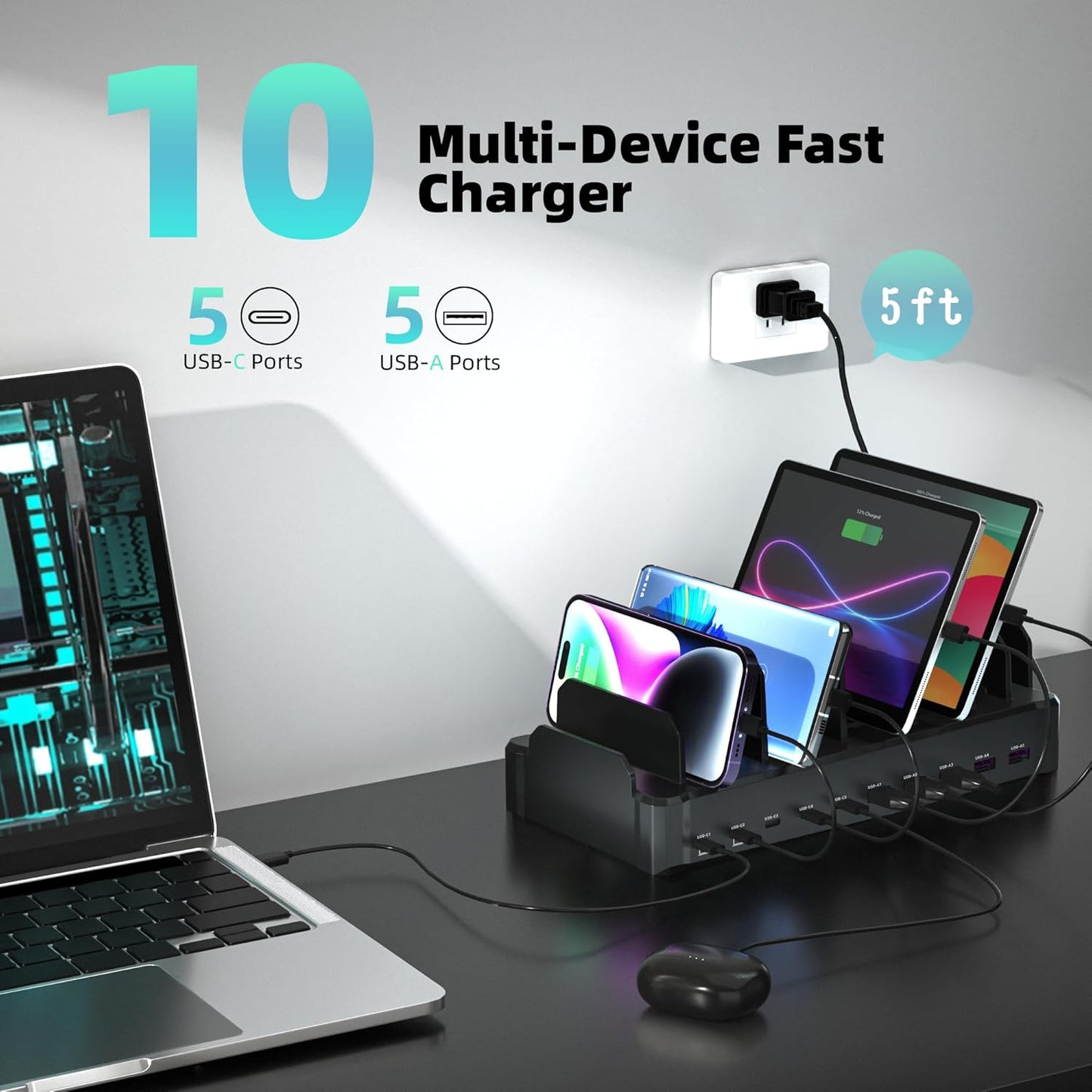 420W Charging Station for Multiple Devices, Zobirez 10-Port USB C Fast Charger Stations for MacBook, iPhone, Android Cell Phone, iPad, Tablet, Family Multi-Device Organizer Charging Dock, White