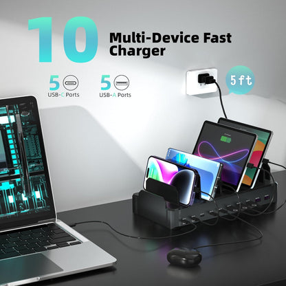 420W Charging Station for Multiple Devices, Zobirez 10-Port USB C Fast Charger Stations for MacBook, iPhone, Android Cell Phone, iPad, Tablet, Family Multi-Device Organizer Charging Dock, White