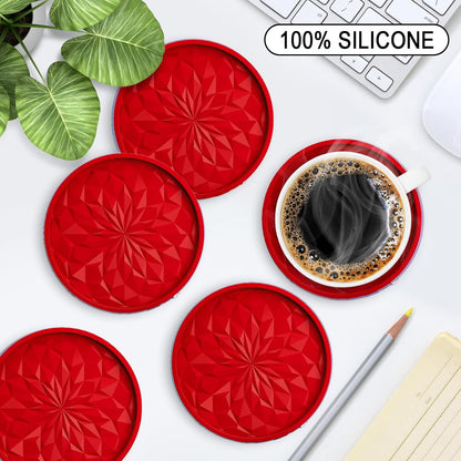 ME.FAN Silicone Coasters with Holder,[6 Pack] Drinking Coasters - Cup Mat for Hot or Cold Drinks, Thickened, Non-Slip, Non-Stick,Deep Tray Black