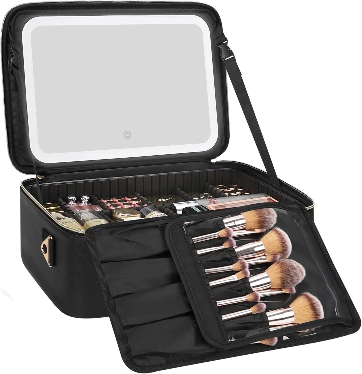 Relavel Travel Makeup Bag With LED Mirror, Cosmetic Train Case with Light up Mirror, Portable Makeup Artist Organizer Bag with Adjustable Dividers, Makeup Brush Holder Storage, Black