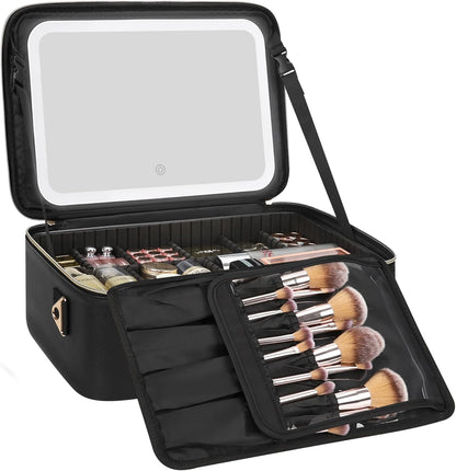 Relavel Travel Makeup Bag With LED Mirror, Cosmetic Train Case with Light up Mirror, Portable Makeup Artist Organizer Bag with Adjustable Dividers, Makeup Brush Holder Storage, Black
