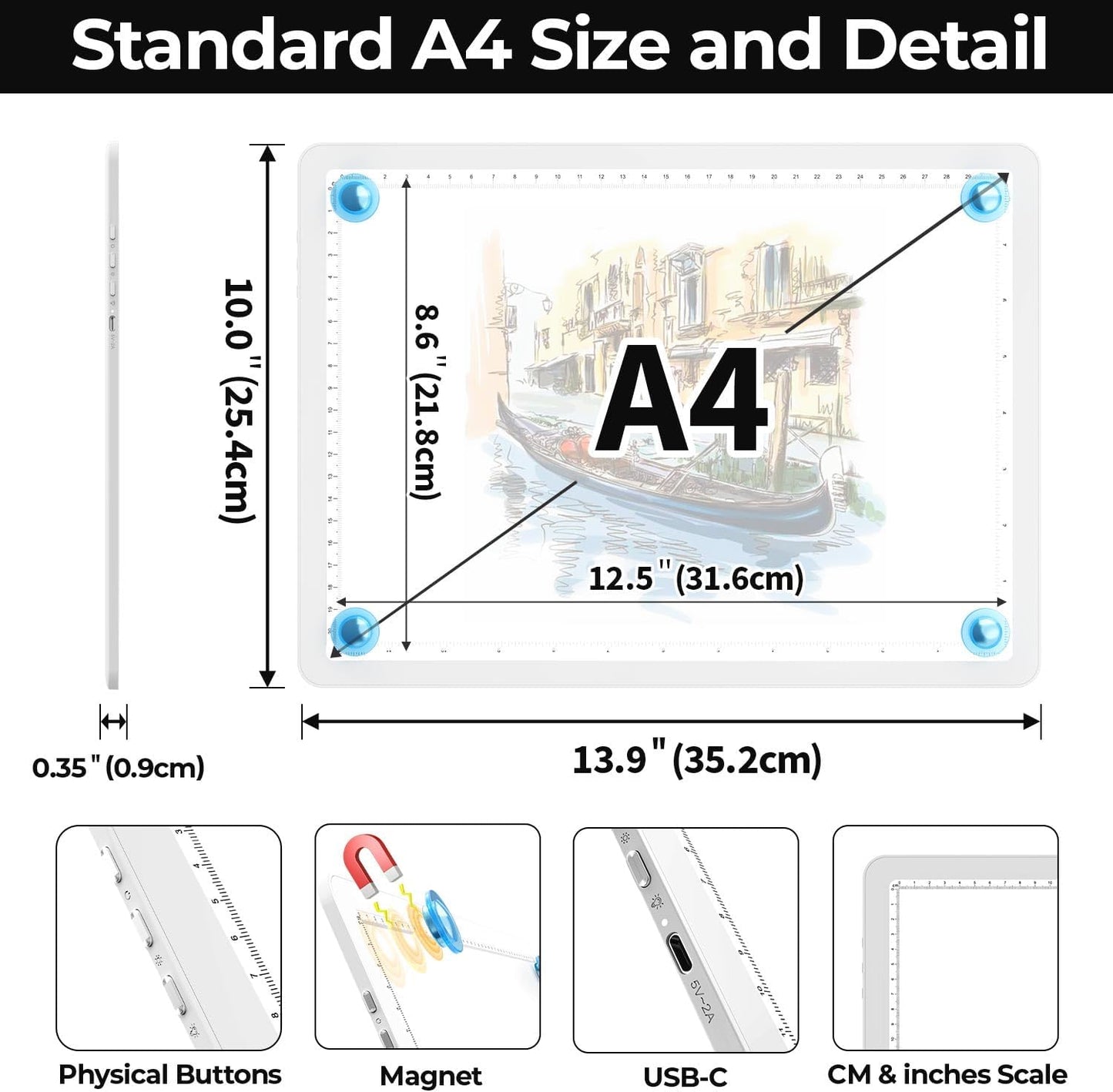 Heanolier A4 LED Copy Board Light Tracing Box,Super Bright Magnetic Light pad with Side physical Buttons,Adjustable Corded Light Table for Tattoo Transferring,Drawing, Light Board for Diamond Painting