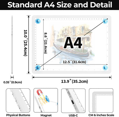 Heanolier A4 LED Copy Board Light Tracing Box,Super Bright Magnetic Light pad with Side physical Buttons,Adjustable Corded Light Table for Tattoo Transferring,Drawing, Light Board for Diamond Painting