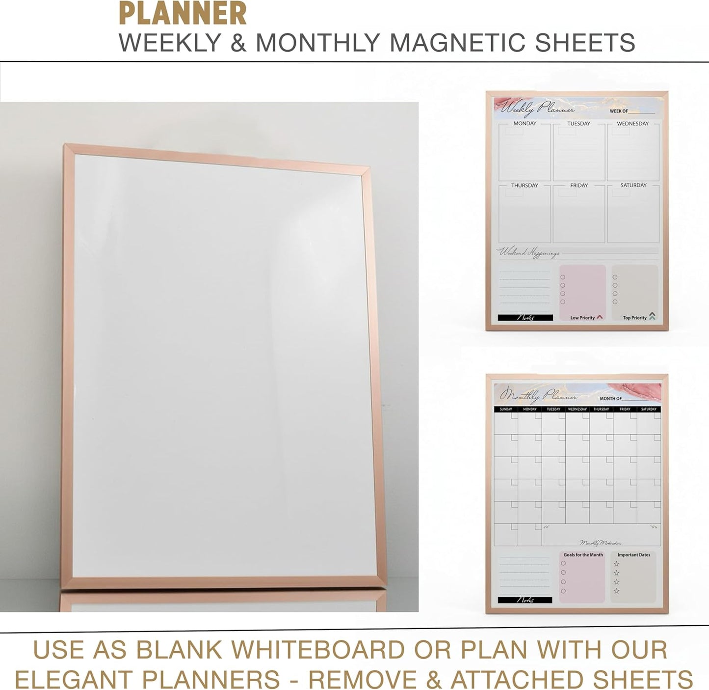 Magnetic Dry Erase Board 12x16 with Foldable Stand, Portable Gold Desktop Whiteboard for Home, Office, School & Kitchen, Includes Weekly & Monthly Magnetic Planner Sheets