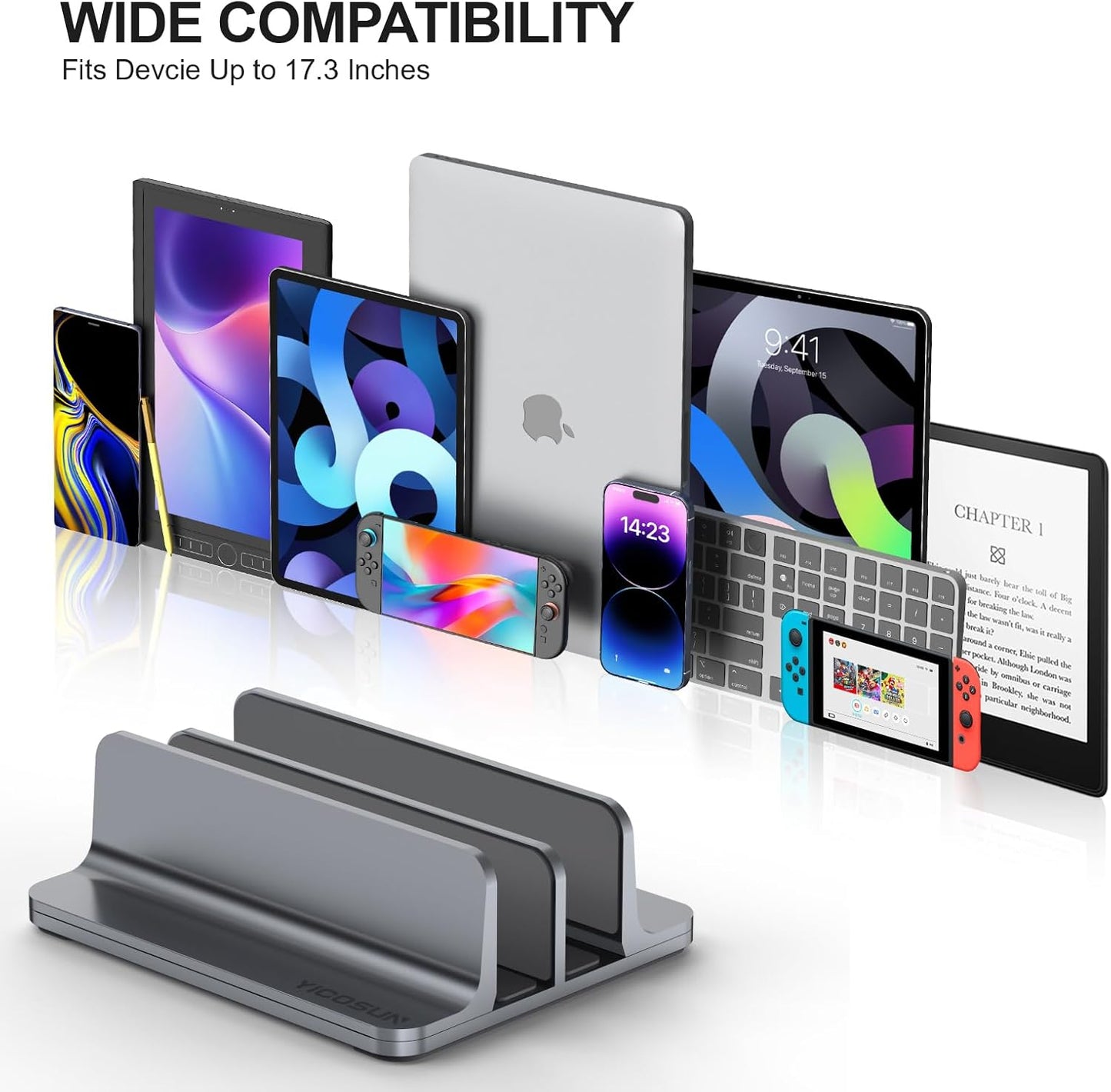 YICOSUN Dual-Slot Aluminum Vertical Laptop Stand for Desk - Adjustable Width Dock for MacBook, Surface, Samsung, HP, Dell up to 17.3 inches - Space-Saving & Protective Design - Gray