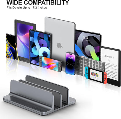 YICOSUN Dual-Slot Aluminum Vertical Laptop Stand for Desk - Adjustable Width Dock for MacBook, Surface, Samsung, HP, Dell up to 17.3 inches - Space-Saving & Protective Design - Gray