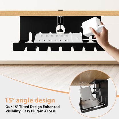 Syeeiex 17" Under Desk Cable Management Tray, No-Drill C-Clamp & Screw Mount, Heavy Duty Metal Cord Organizer with Cable Ties, for Office Home Workspace, Black