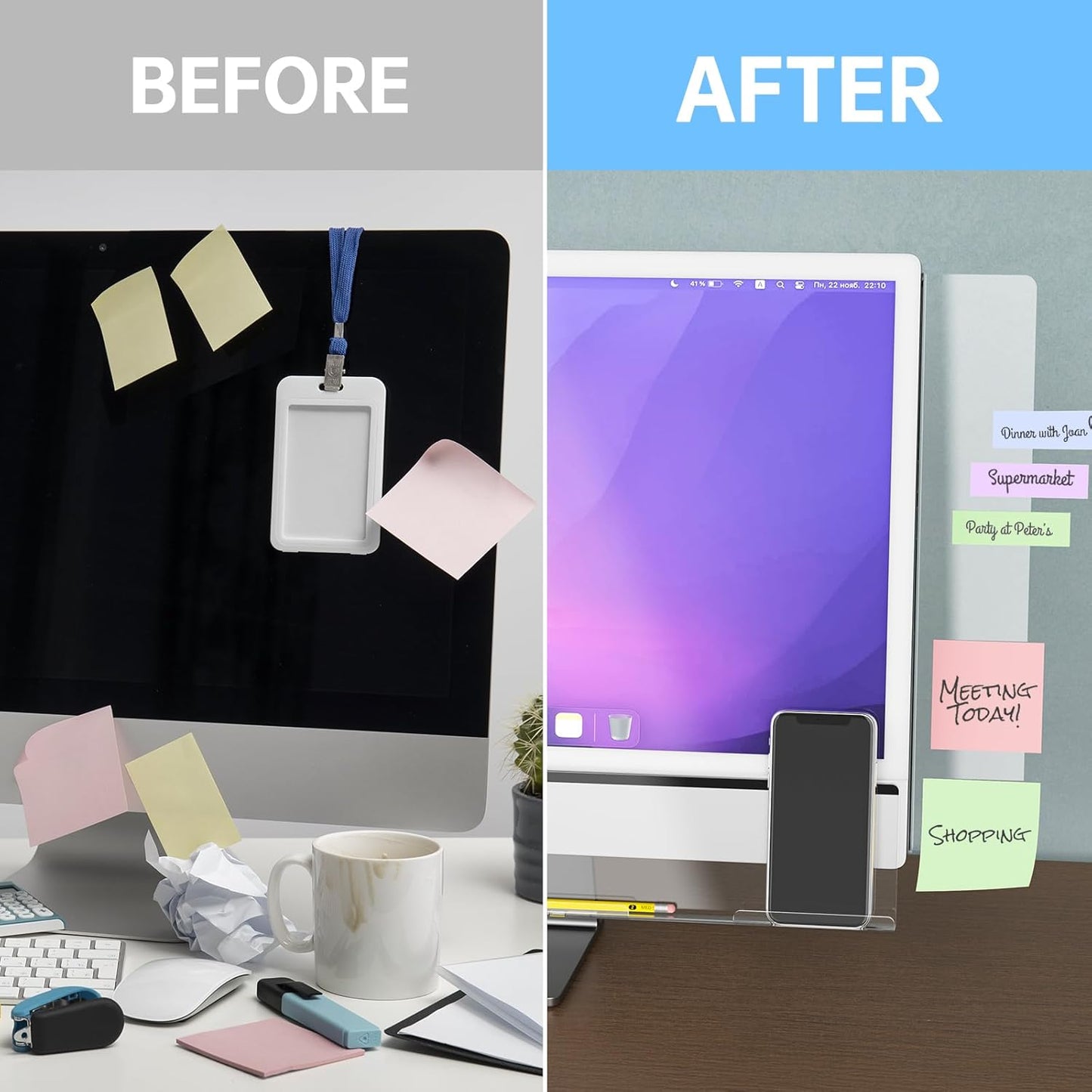 NiHome 2-Pack Magnetic Acrylic Monitor Memo Boards with Sticky Notes for Home & Office, Side and Bottom Panels with Phone Holder and Charging Holes, Transparent Organizer for Notes, To-Do Lists & More